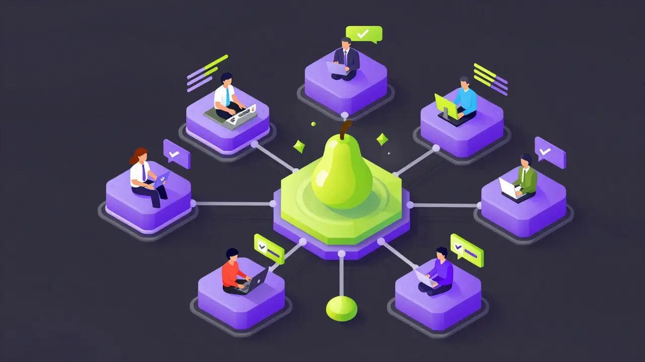 Isometric vector art of a central pear node connected to a network of community activity hubs