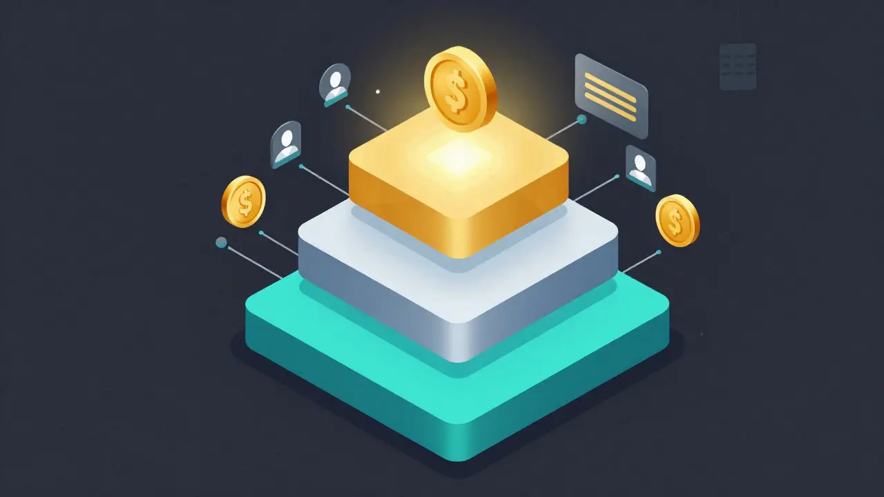Isometric vector pyramid showing tiered airdrop rewards and user connections
