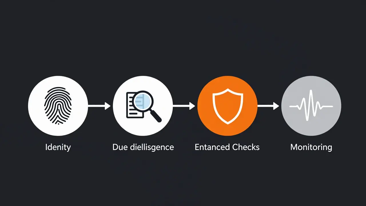 Minimalist vector diagram illustrating the four steps of the KYC verification process