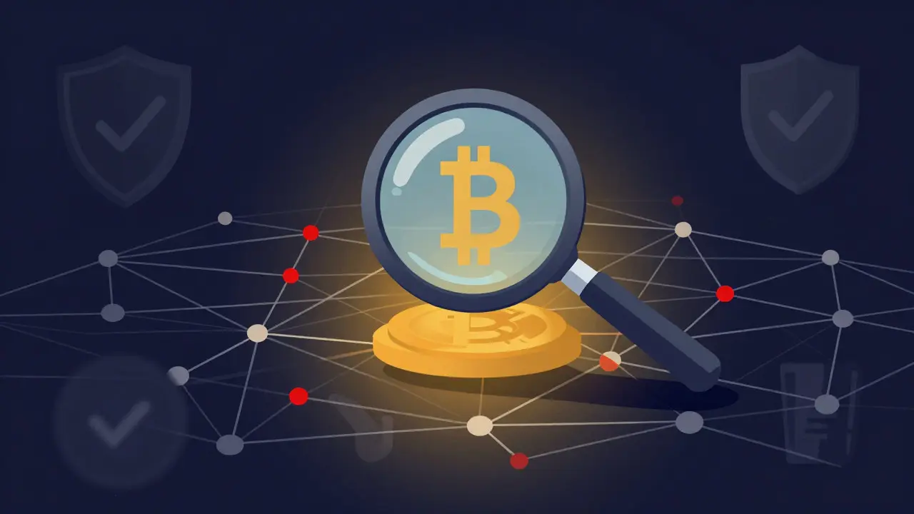 Modern vector art of a magnifying glass inspecting a complex network of data nodes