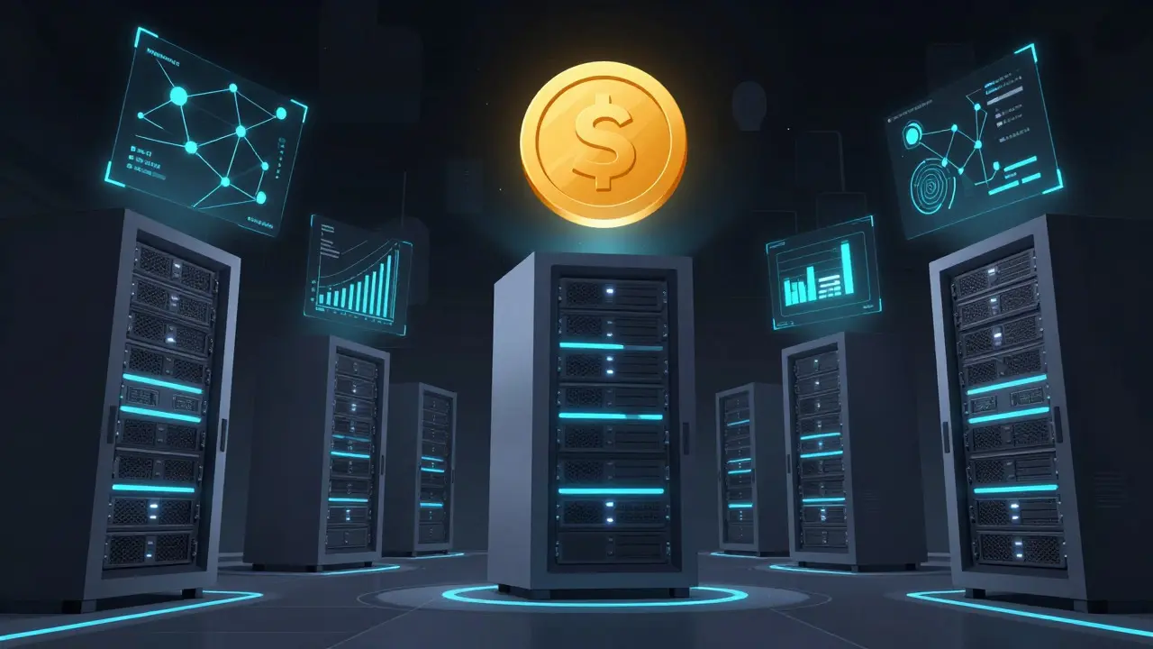 Modern vector art of server racks with holographic AI networks and a glowing golden token.