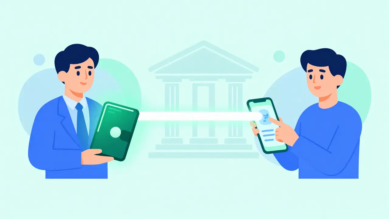 Modern vector art showing direct payment flow between merchant and customer