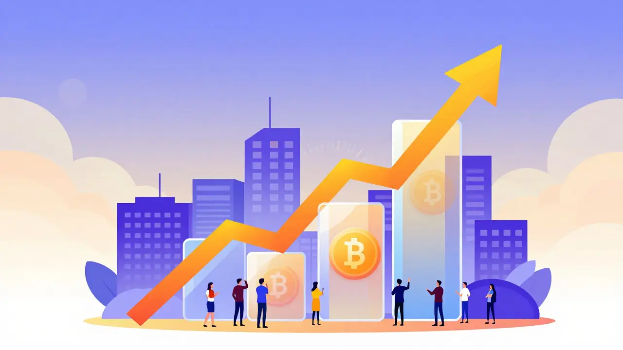 Modern vector graphic showing rising venture capital investment in Portuguese blockchain