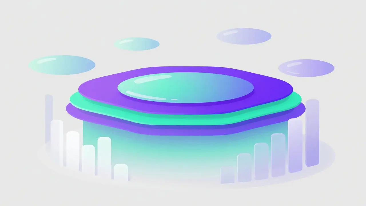 Modern vector illustration of a large liquid pool surrounded by smaller pools and translucent pillars
