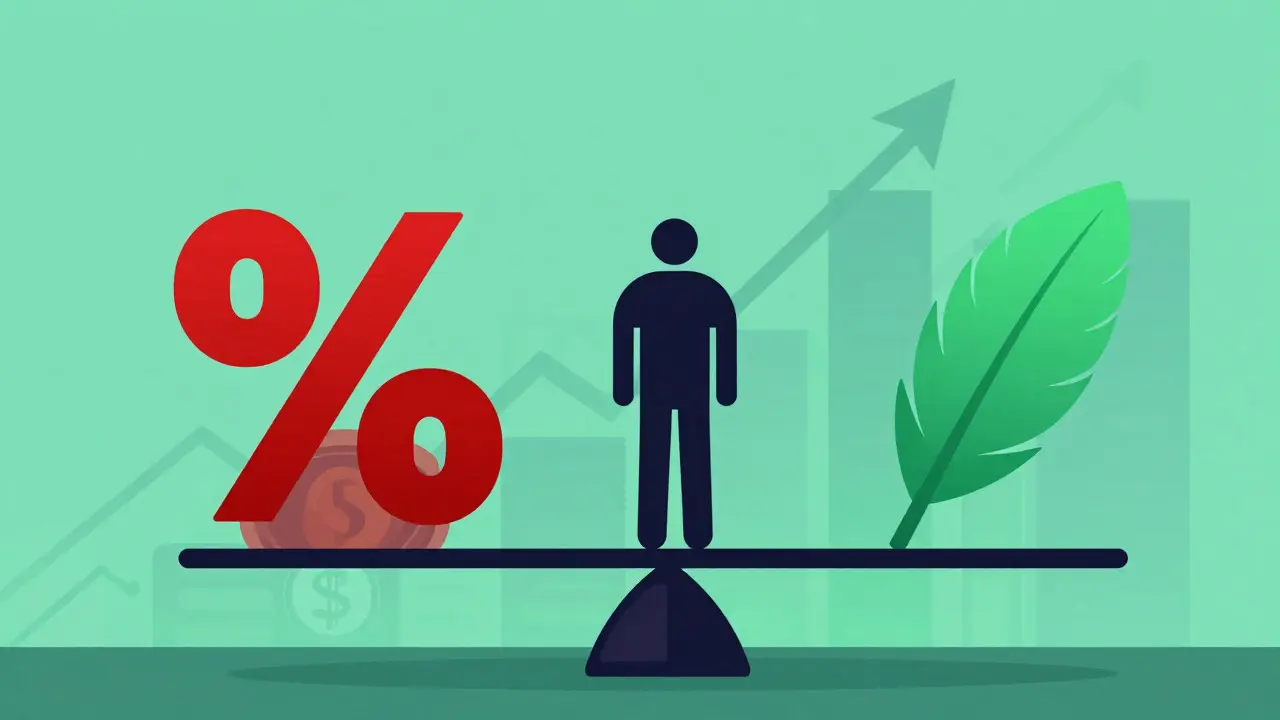 Stylized figure balancing heavy red weights against light green elements
