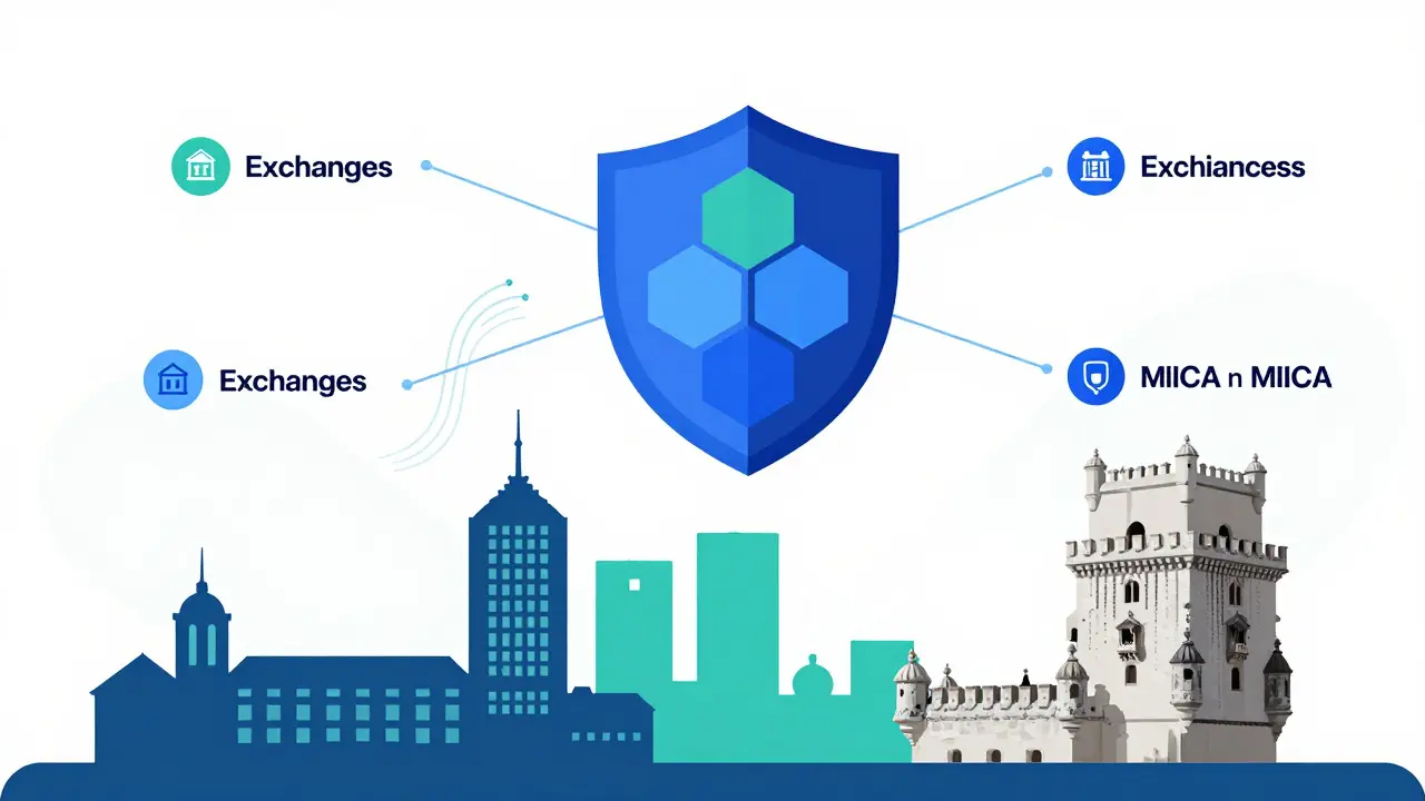 Stylized vector illustration of MiCA regulation protecting Lisbon's crypto market