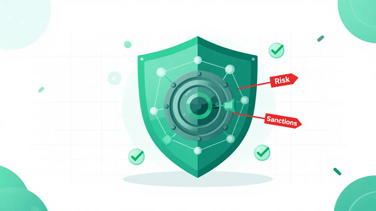Vector art of a tech shield protecting a digital vault from sanction risks.