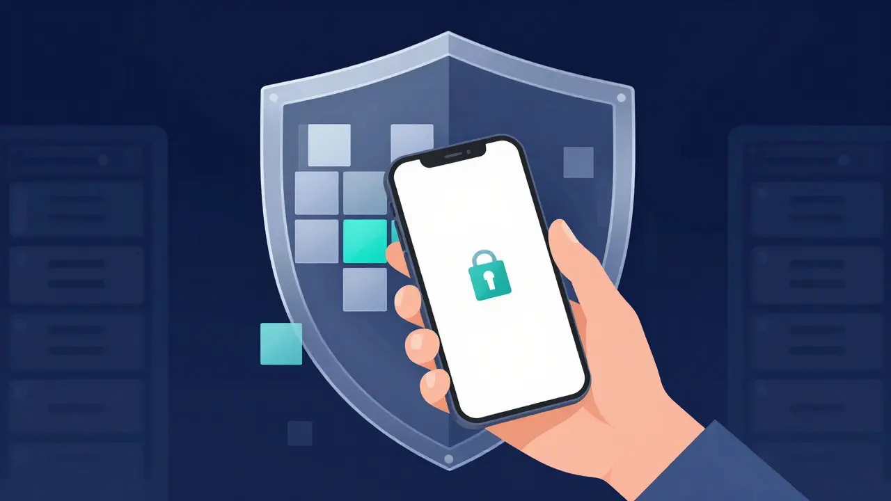 Vector art showing non-custodial wallet security with digital shield