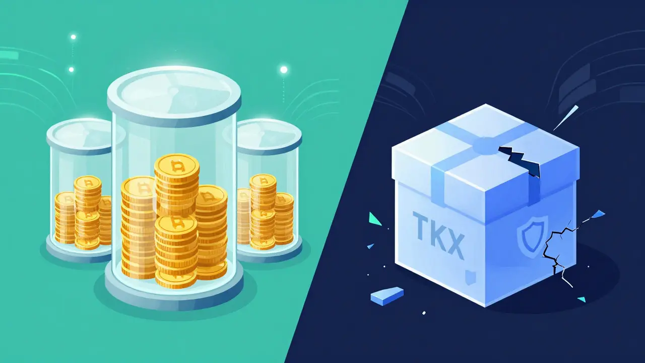 Vector comparison of secure crypto vaults versus a fragile, risky token platform.