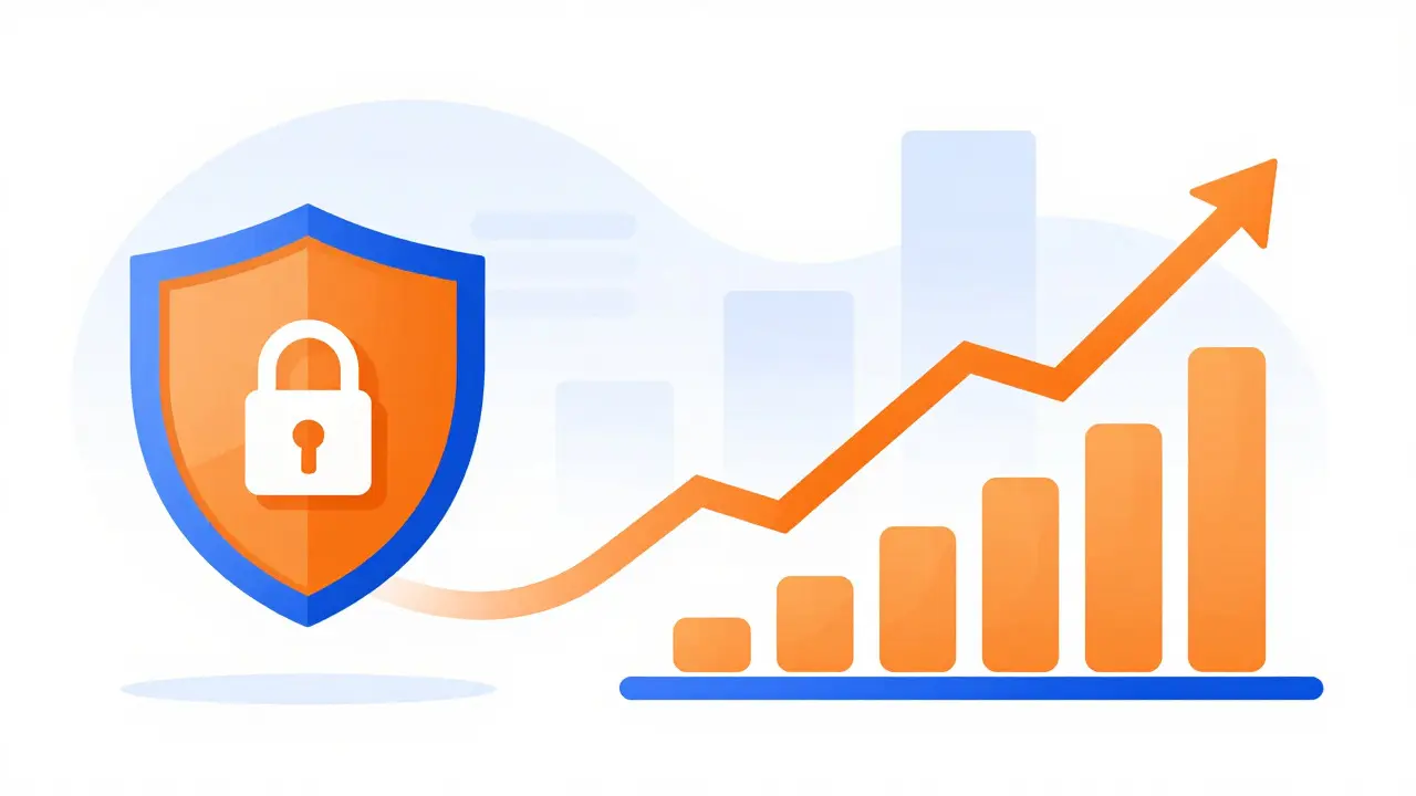 Vector graphic showing a transition from a security shield to a rising growth chart
