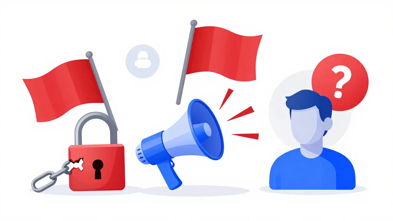 Vector icons showing crypto scam red flags and warnings