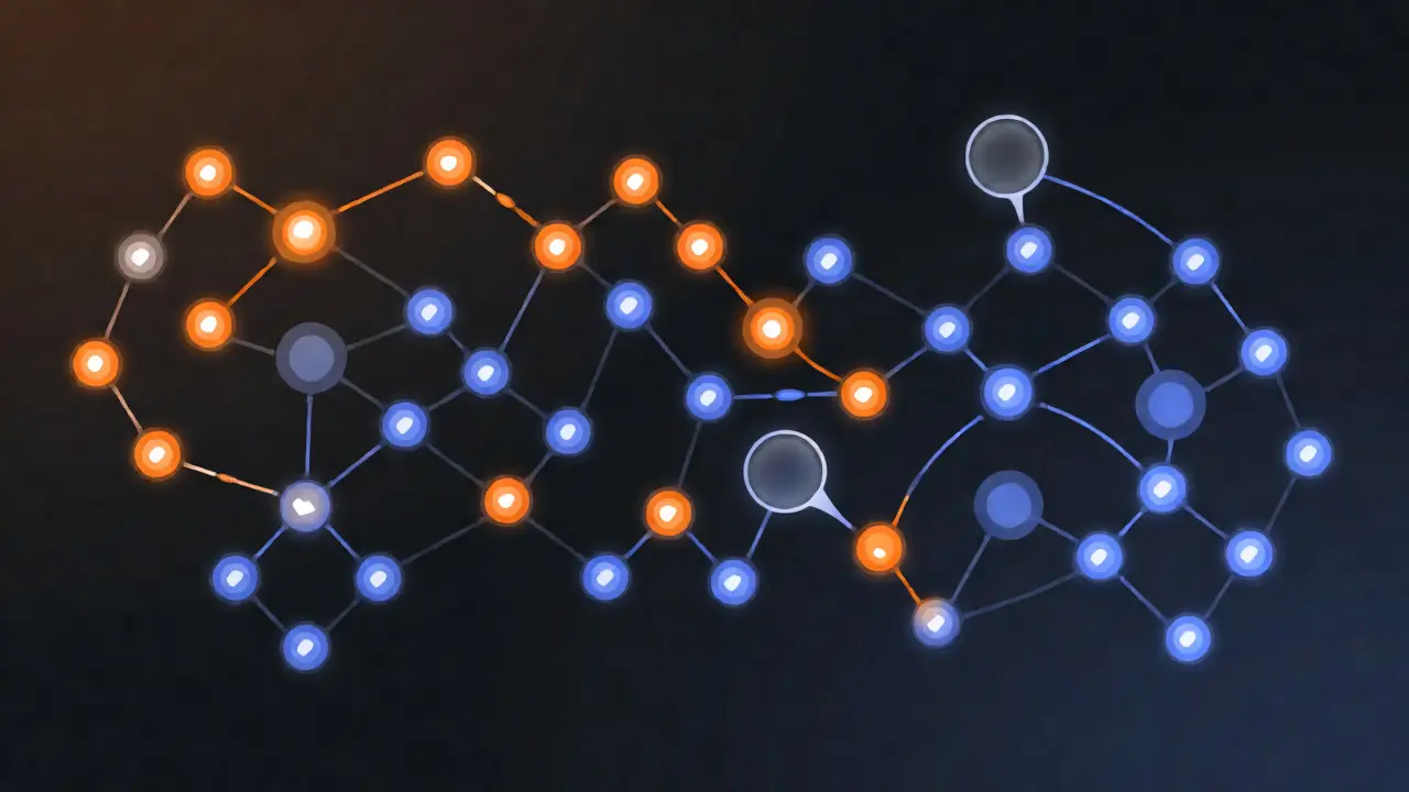 Vector illustration of a blockchain network graph highlighting high-risk wallets and cross-chain transaction flows.