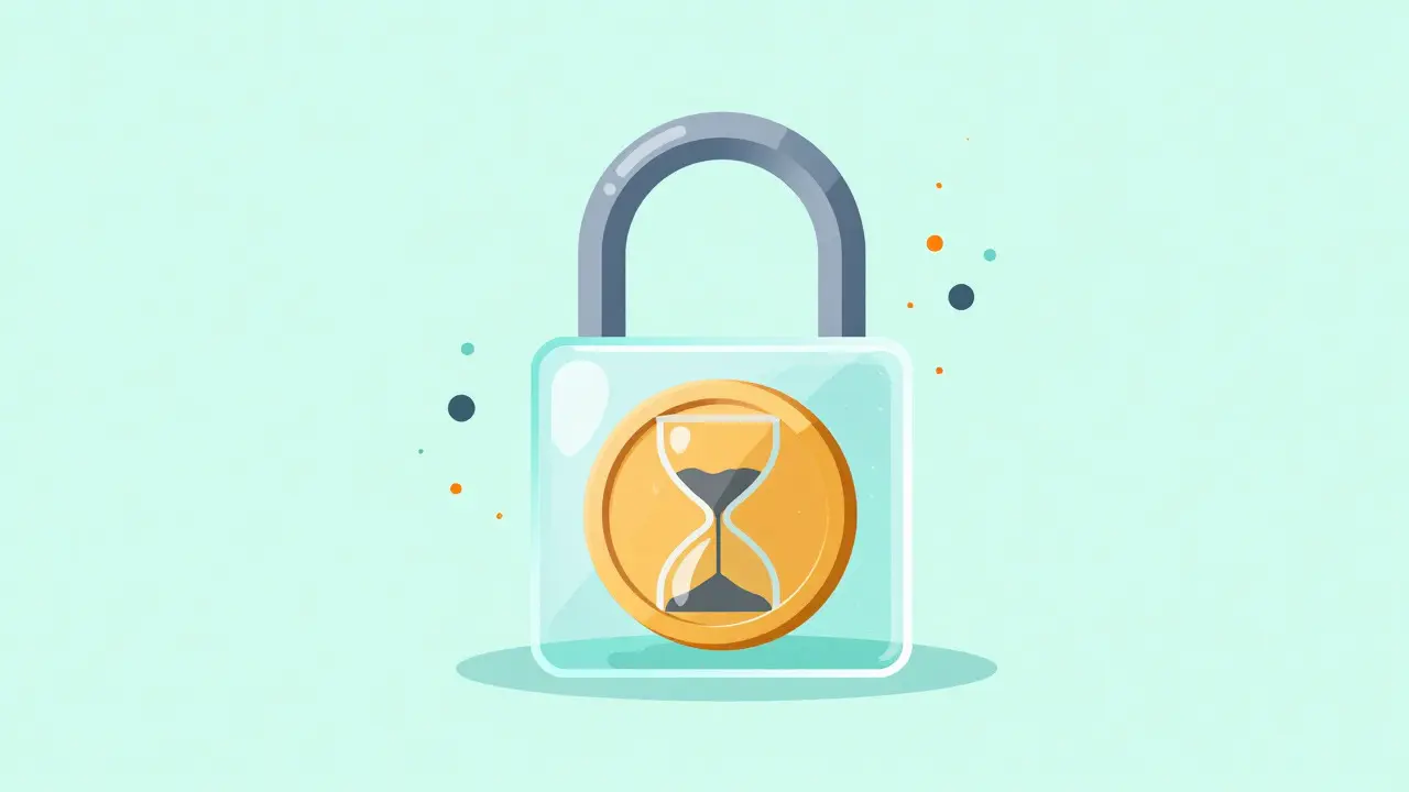 Vector illustration of a locked coin with an hourglass and burning particles