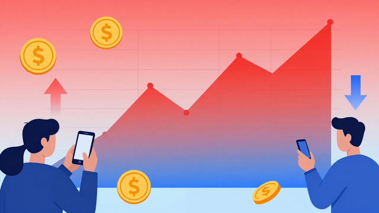 Vector illustration of a volatile price chart surrounded by trader icons and coins