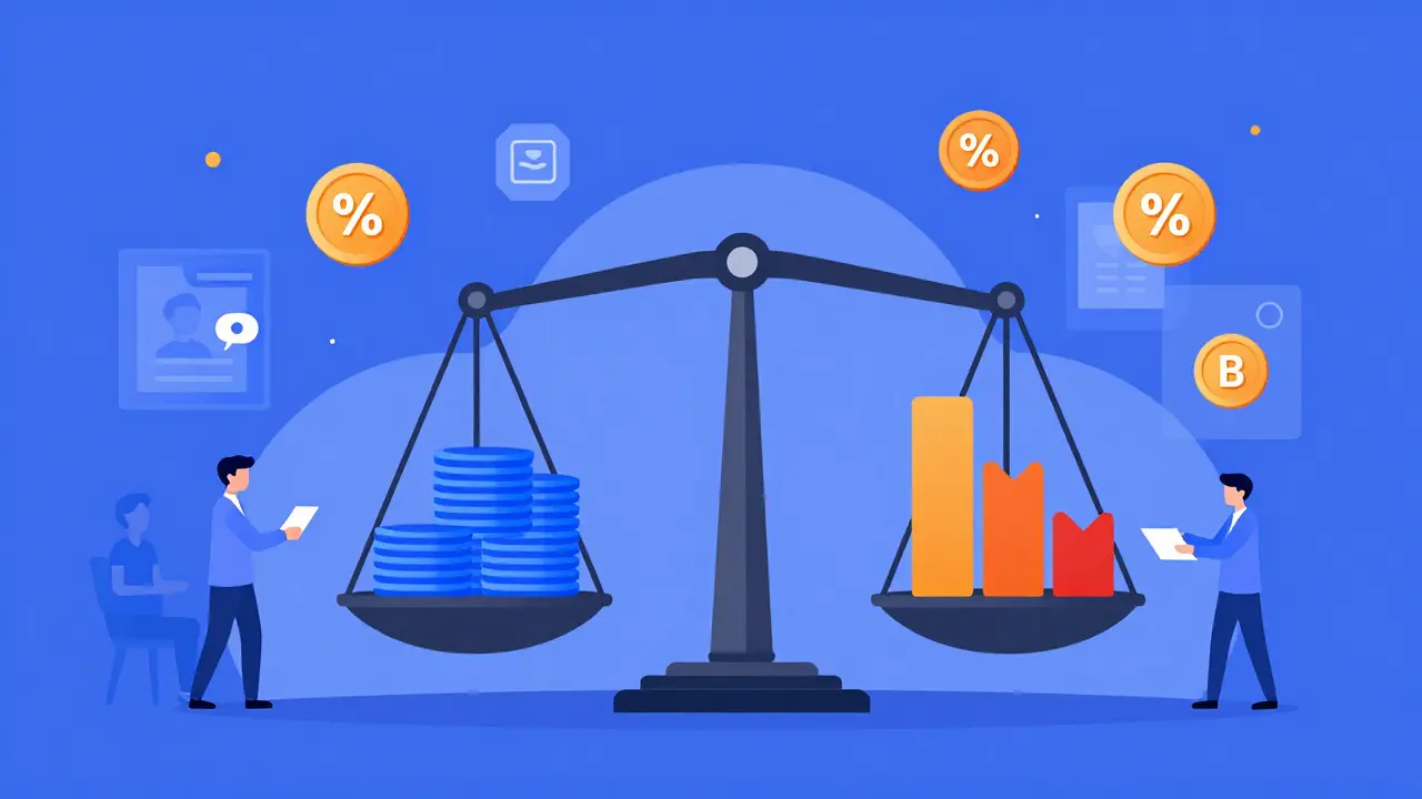 Vector illustration of financial scales balancing flat versus variable NFT fees