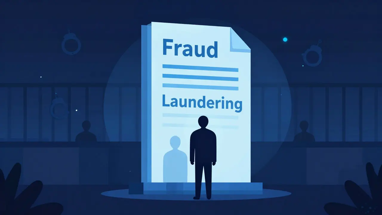 Vector illustration of stacked legal charges looming over a crypto executive.