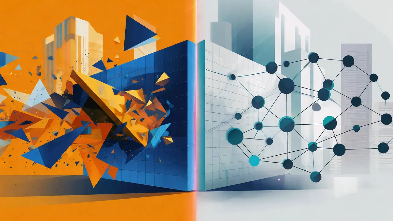 Abstract vector graphic contrasting chaotic retail crypto with orderly institutional blockchain