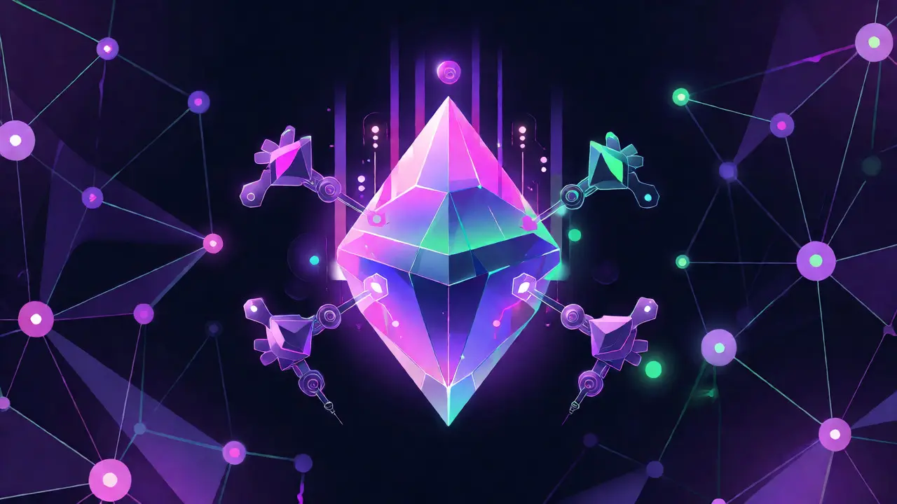 Abstract vector graphic of Proof-of-Useful-Work blockchain network nodes.