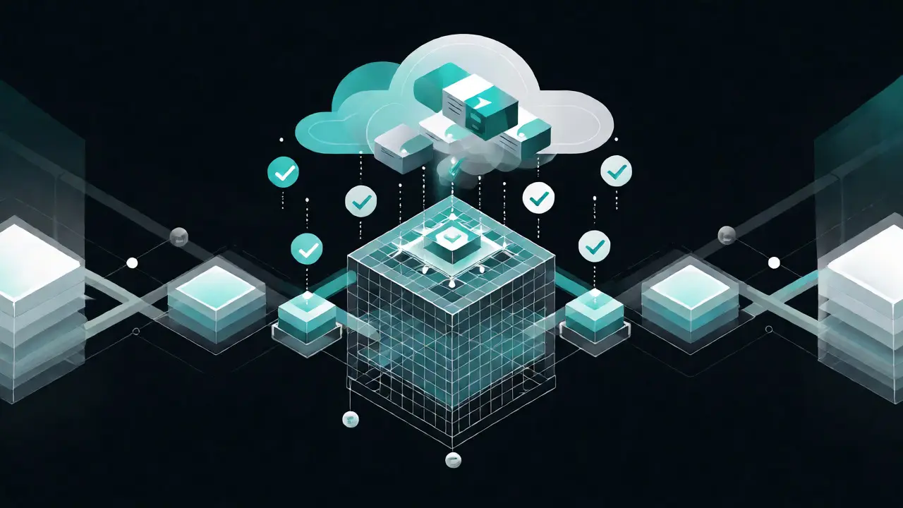 Abstract vector illustration of Nockchain's useful proof of work and off-chain computation