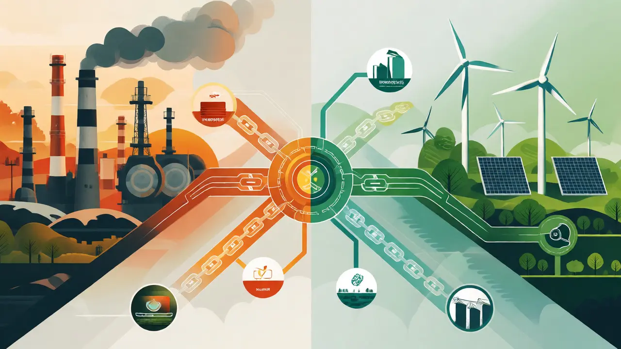 Conceptual vector graphic linking thermal and renewable energy sources to licensed crypto mining hubs.