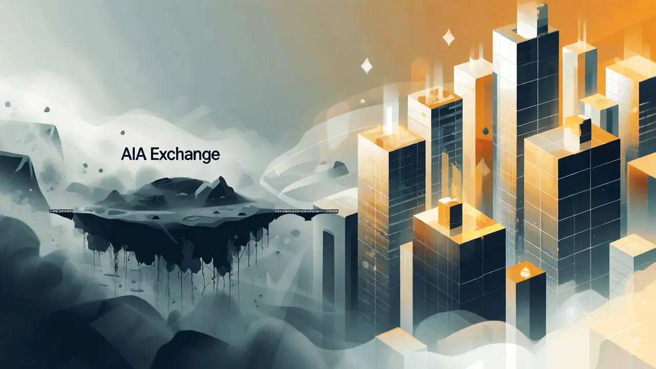 Contrast between a misty isolated island and solid glowing exchange towers