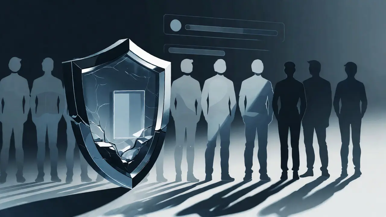 Cracked transparent shield with fading user silhouettes symbolizing lack of security and community.