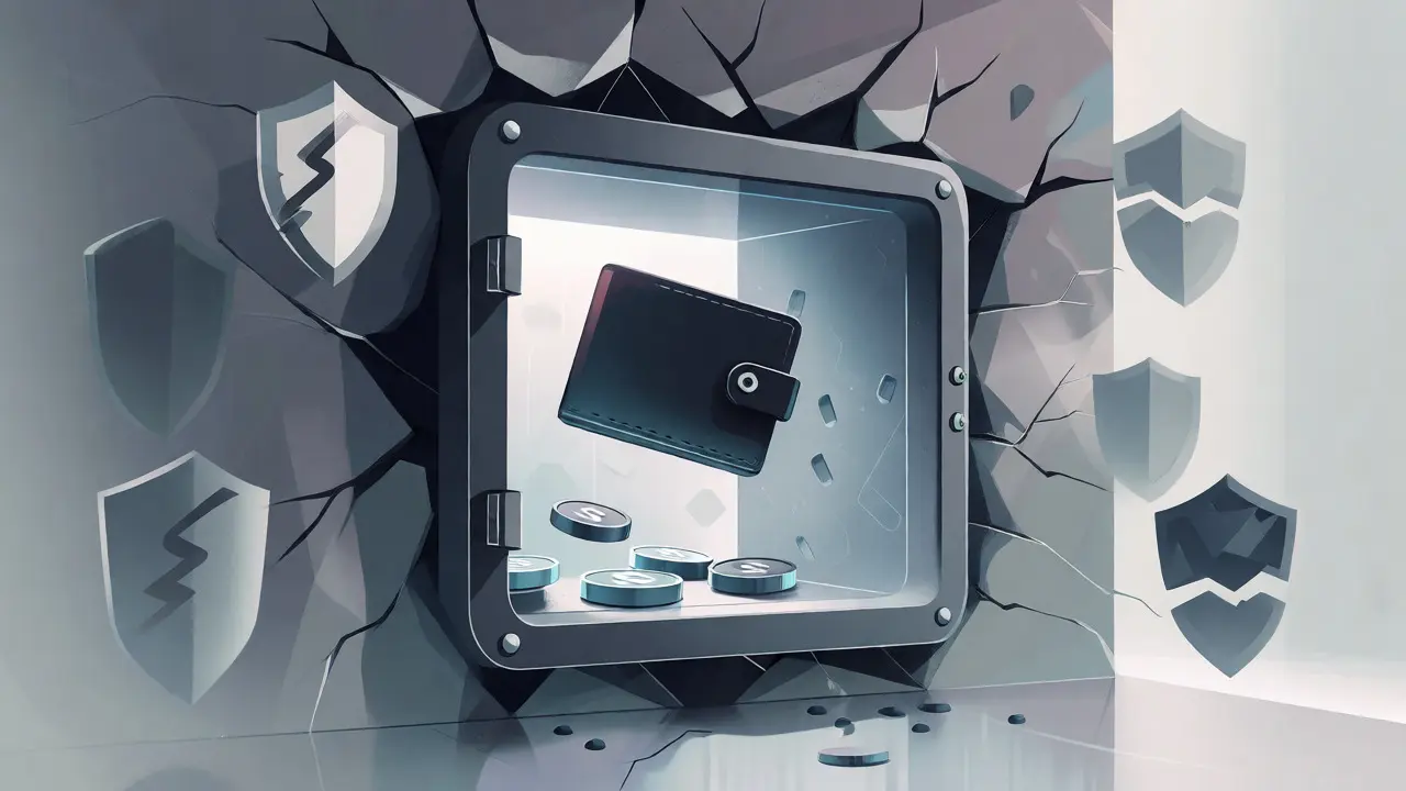 Cryptocurrency wallet inside a cracked, unsecured vault representing weak security