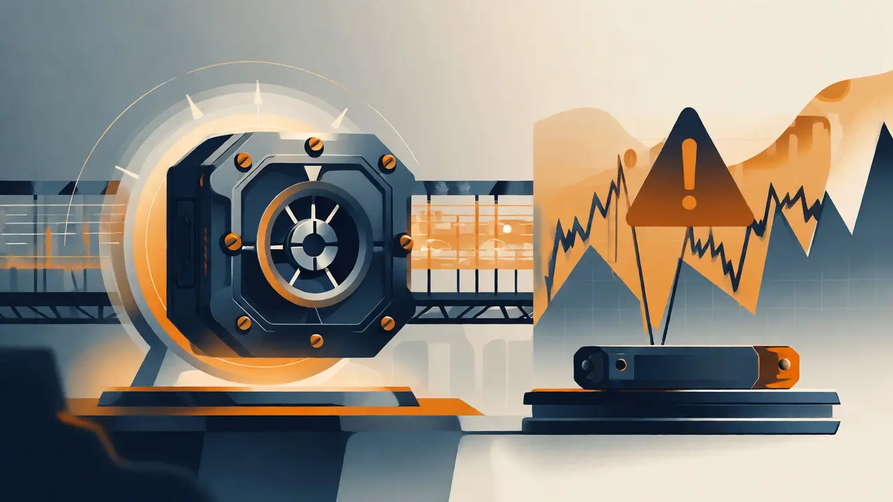 Digital vector graphic contrasting secure hardware wallet storage with crypto market volatility