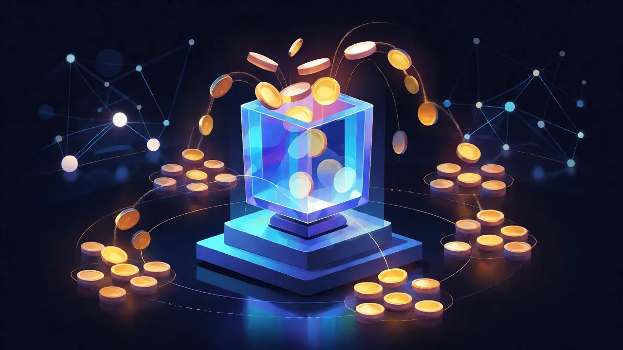 Golden coins flowing into a crystal vault representing staking and governance