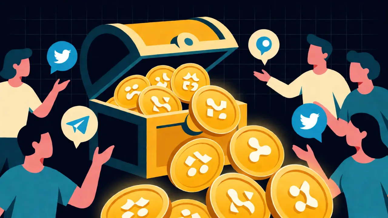 Golden tokens flowing from a vault to users engaging with social icons