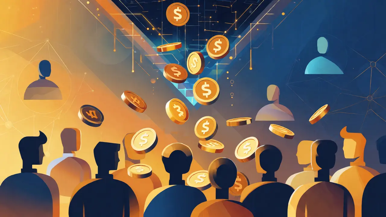 Illustration of golden EQ tokens distributing to user avatars via airdrop