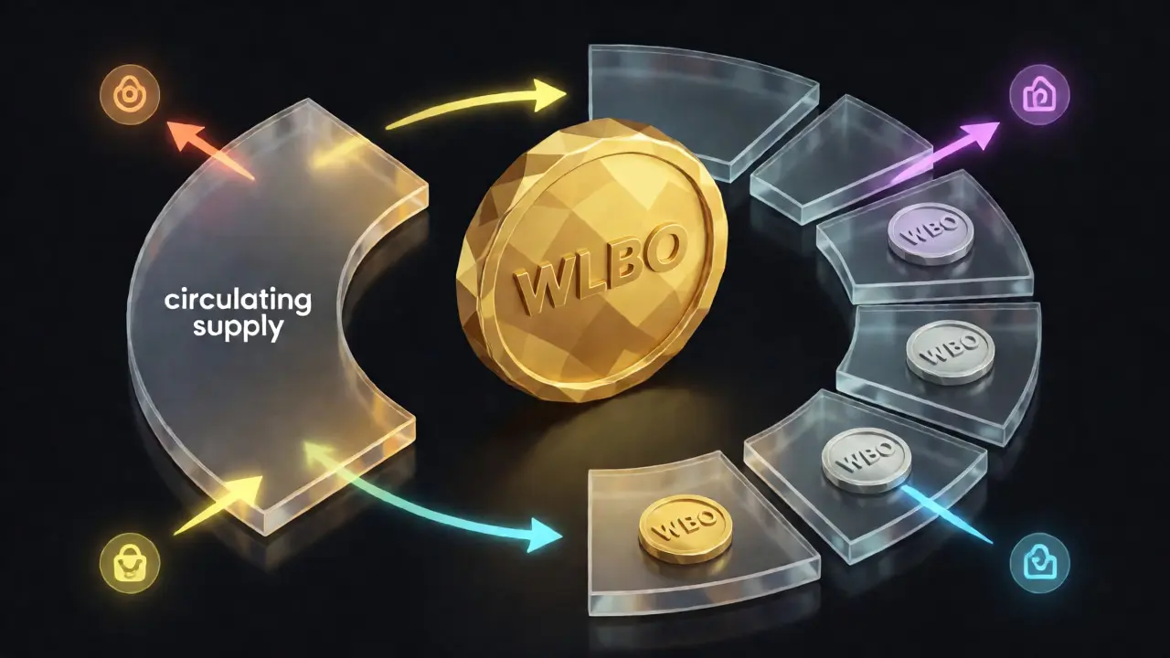 Isometric vector graphic of WLBO token supply and burn mechanics