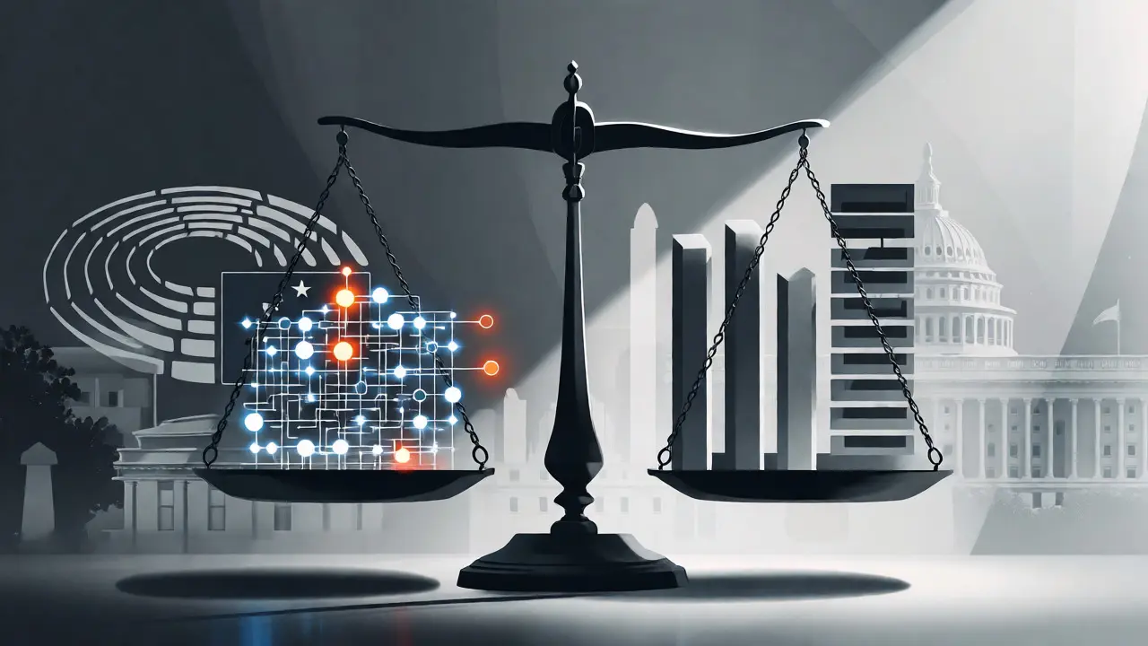 Modern vector scale balancing blockchain innovation against incomplete government regulations