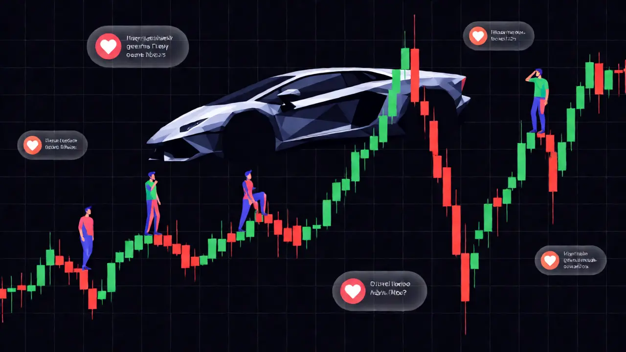 Polygonal Lamborghini over a volatile crypto price chart