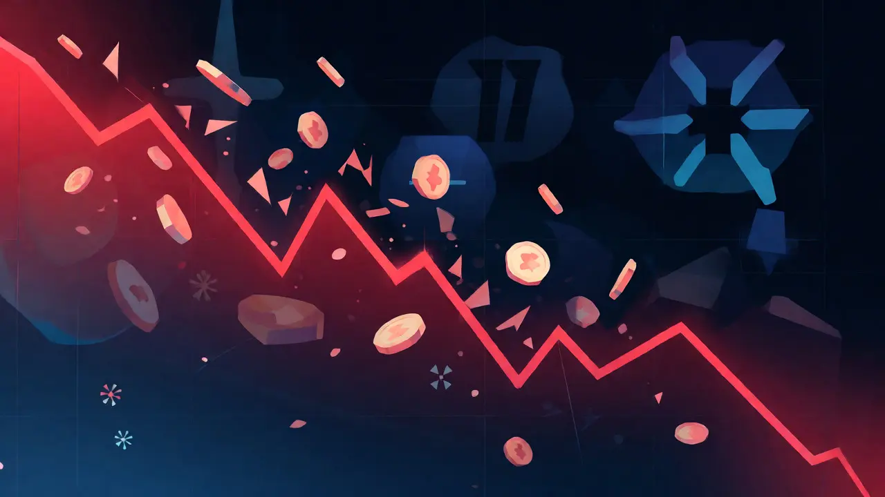 Red downtrend line with fading peach tokens on a dark digital grid