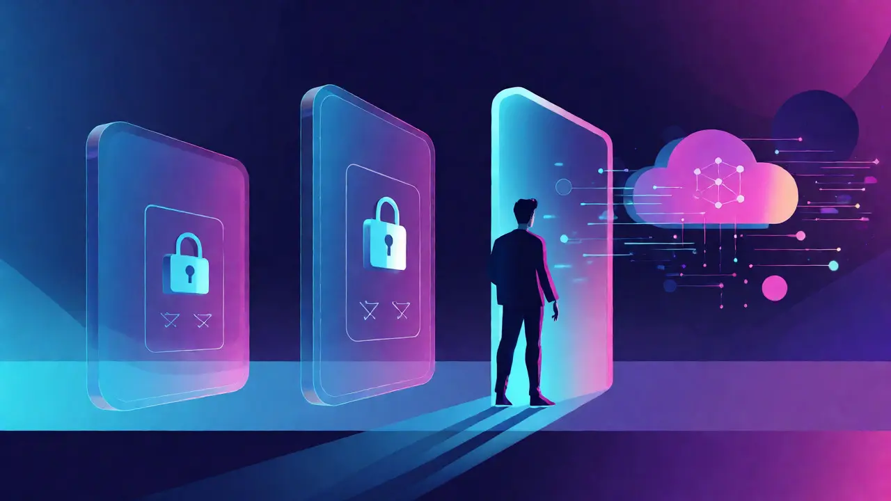 Silhouette facing digital gates representing fiat restrictions versus open DeFi access.