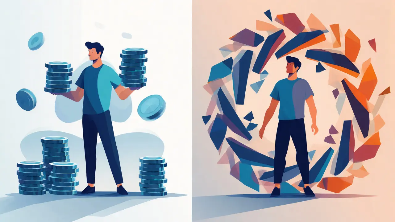 Split screen comparing holding assets versus providing liquidity in a volatile market
