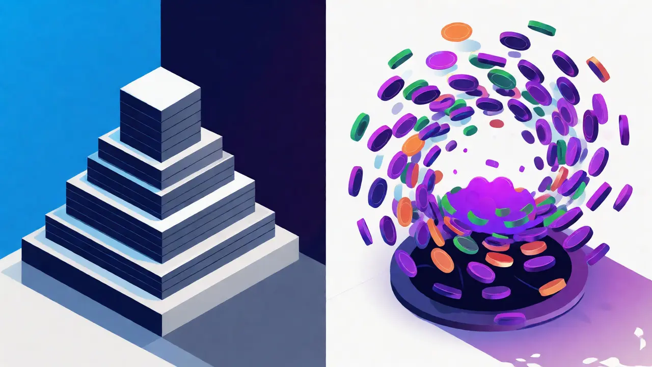 Split-screen vector illustration comparing structured order books with dynamic decentralized pools.