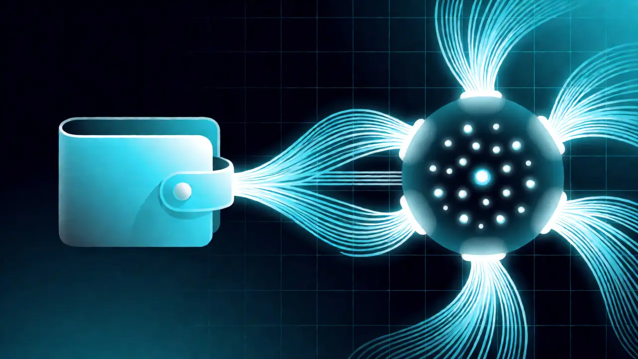 Stylized digital wallet connecting to a blockchain node with staking particles in vector style