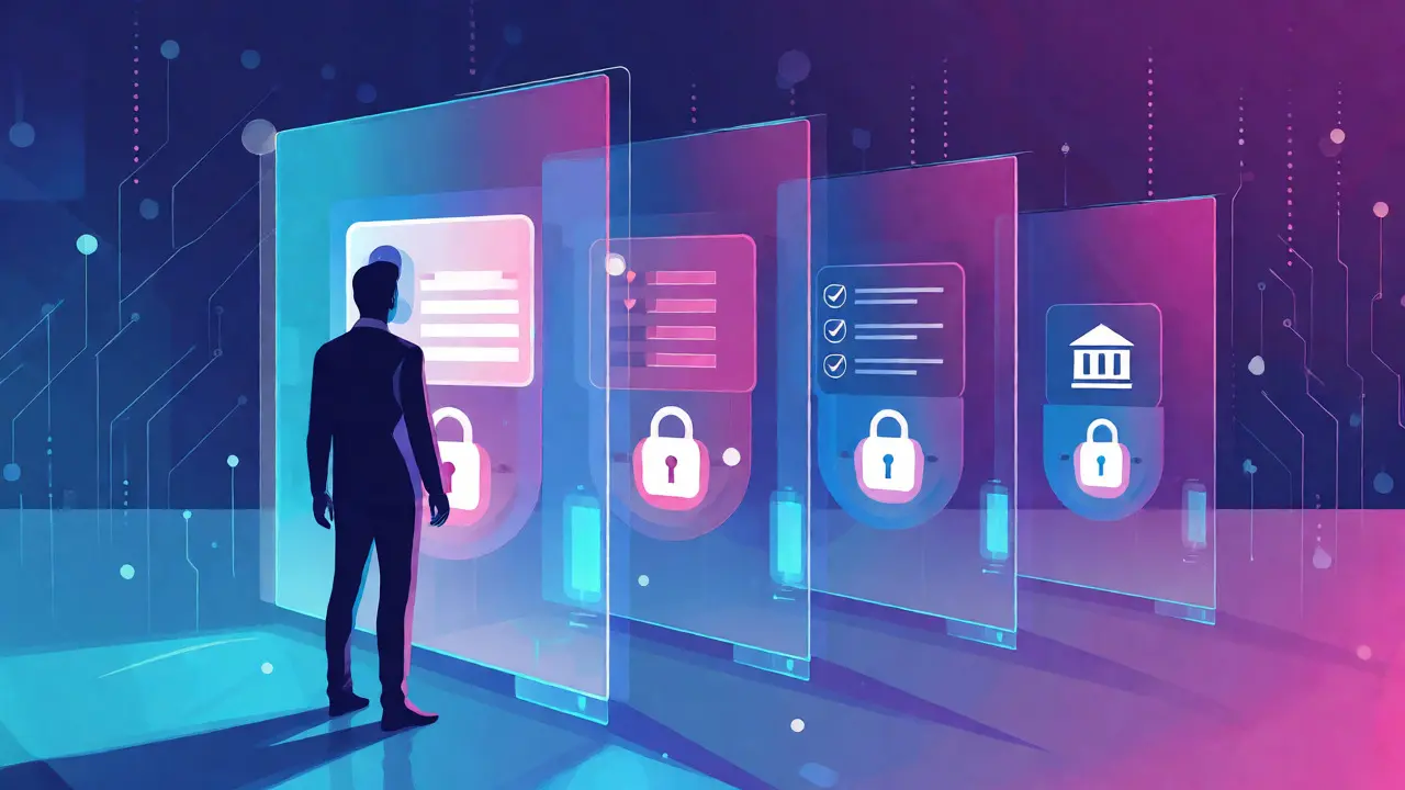 Stylized figure passing through digital KYC verification gates