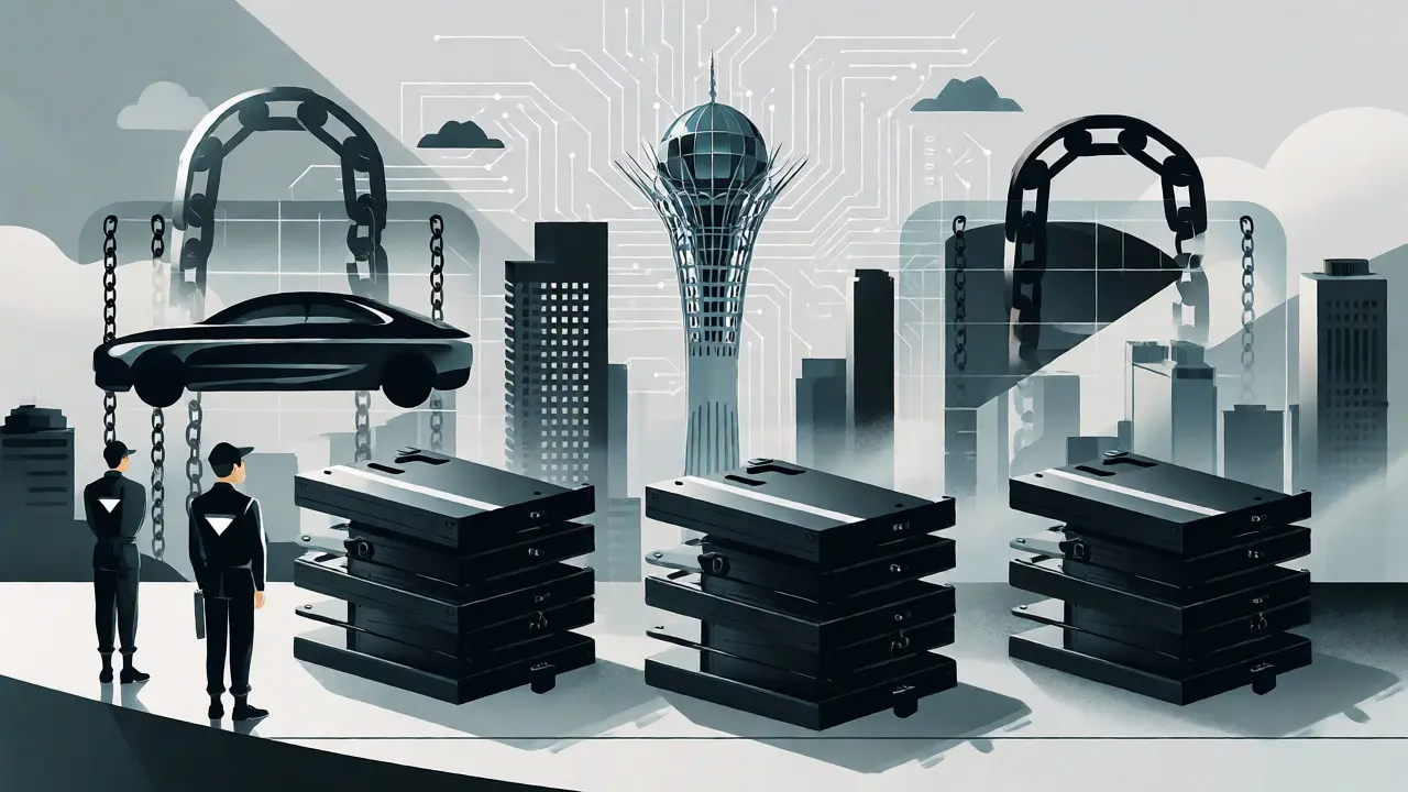 Stylized illustration of authorities seizing mining rigs and locking up luxury assets in digital cages.