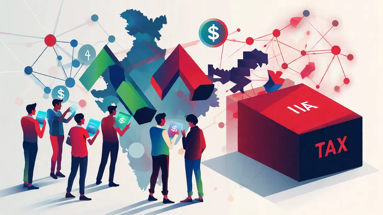 Stylized illustration of Indian traders facing heavy tax deductions on crypto profits