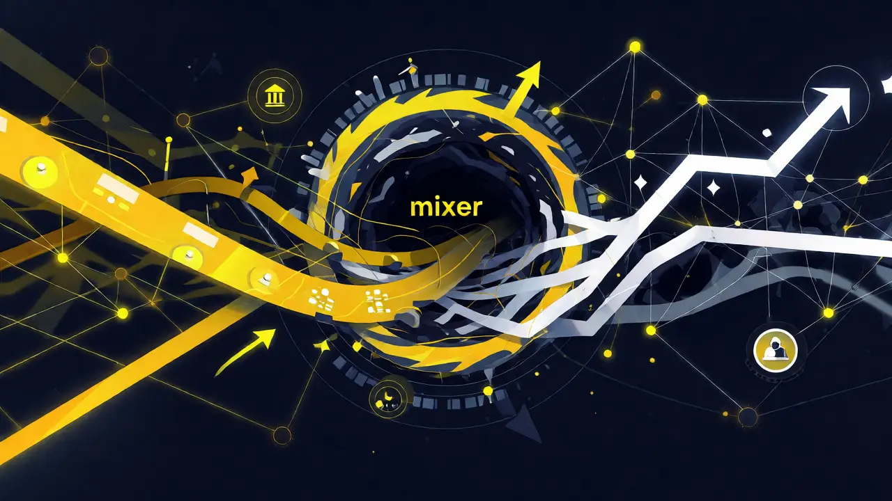 Stylized visualization of crypto funds mixing in a digital vortex to hide origins.