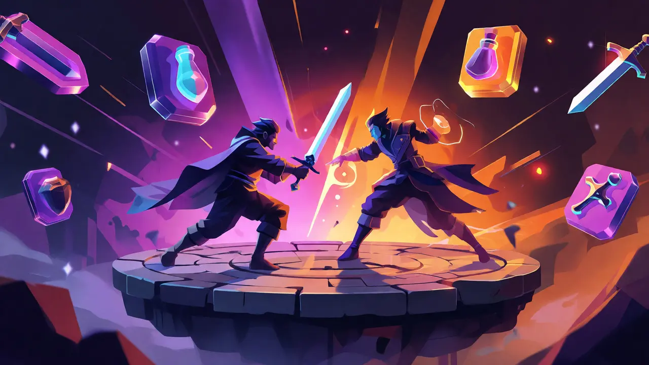 Two fantasy characters battling in a PvP arena with floating NFT items