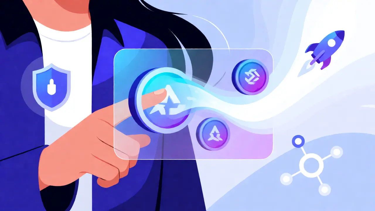 Vector art of a user engaging with a holographic crypto wallet interface for ASTRO