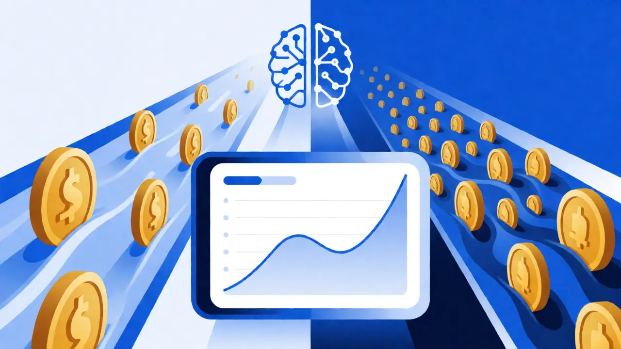 Vector art showing AI predictive fee models and institutional vs retail transaction lanes