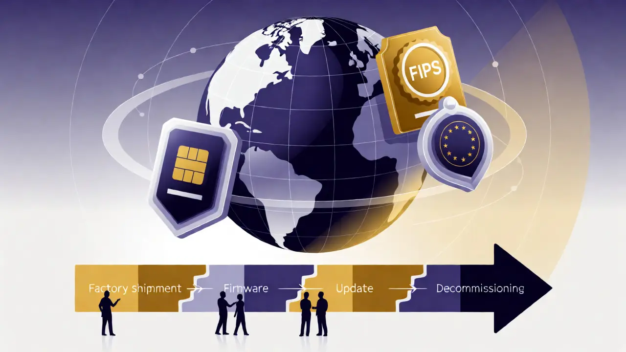 Vector graphic showing global HSM certifications like PCI, FIPS, and Common Criteria around a globe.
