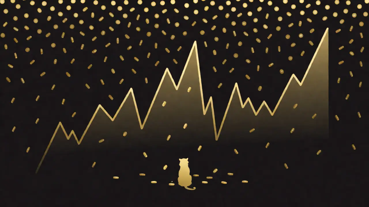 Vector graphic showing volatile price charts and raining coins for BNBTiger.