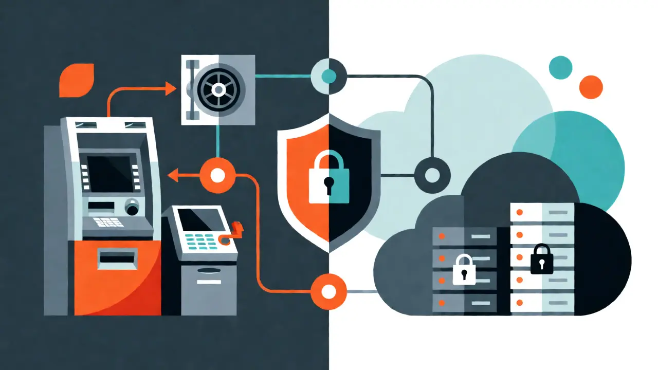 Vector illustration comparing on-premise payment terminals with cloud HSM infrastructure.