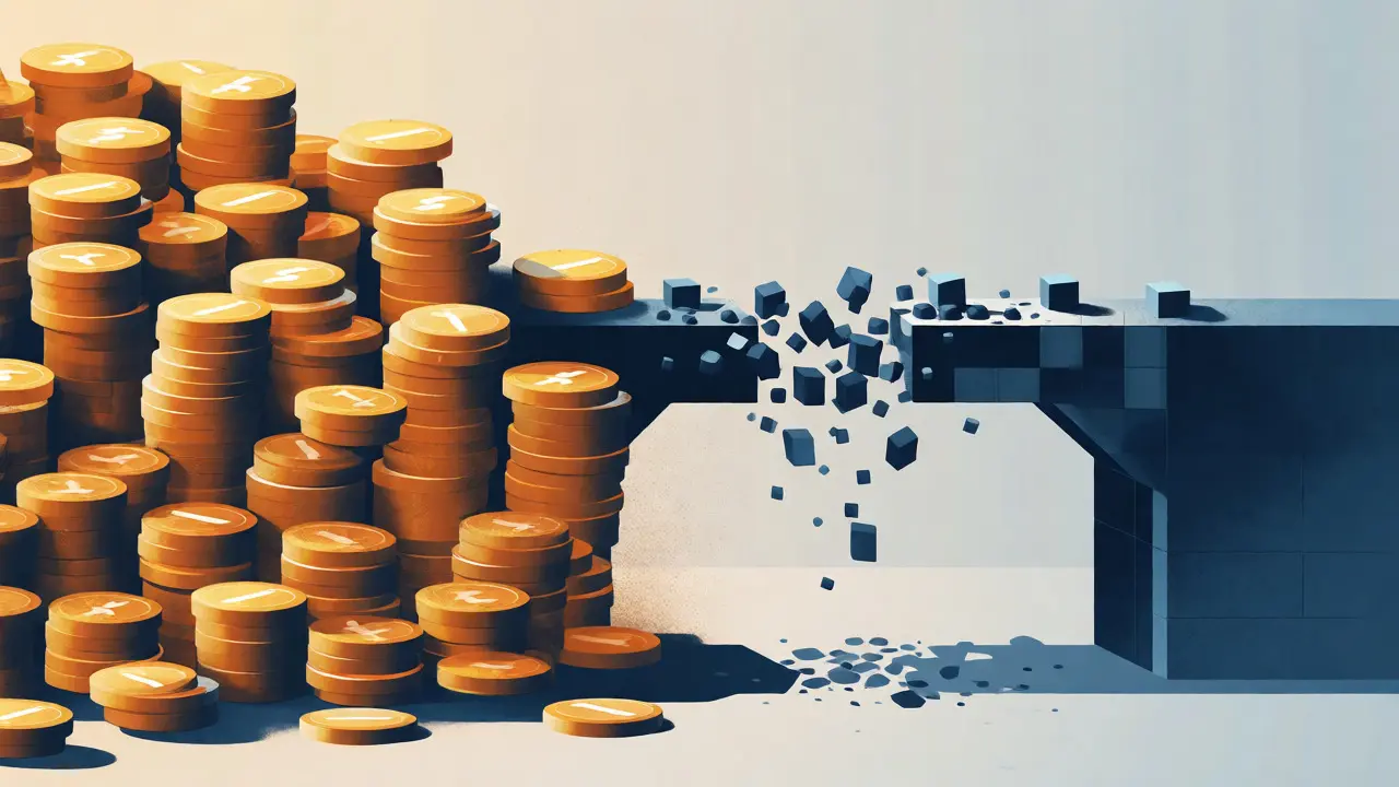 Vector illustration contrasting a huge pile of coins against a tiny speck to show liquidity disparity.